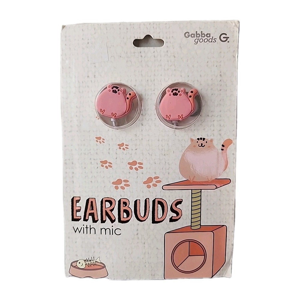 New Gabba Goods Silicone Earbuds Cat with Microphone Pink KITTY Cats NIB